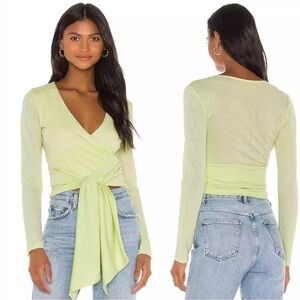 Lovers + Friends Chloe Lime Green Long Sleeve VNeck Wrap Top size Small